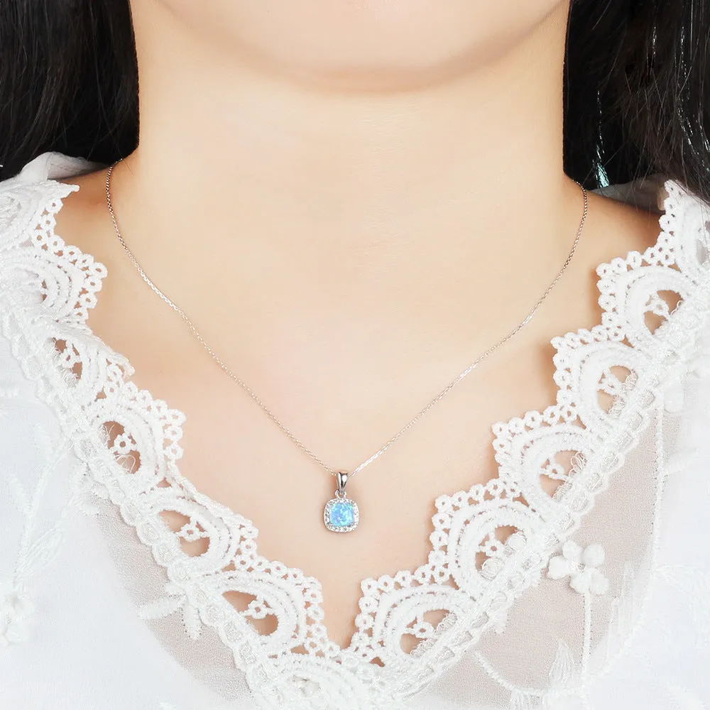 Cushion Shape Blue Opal Zircon Soleste Halo Sterling Silver Necklace