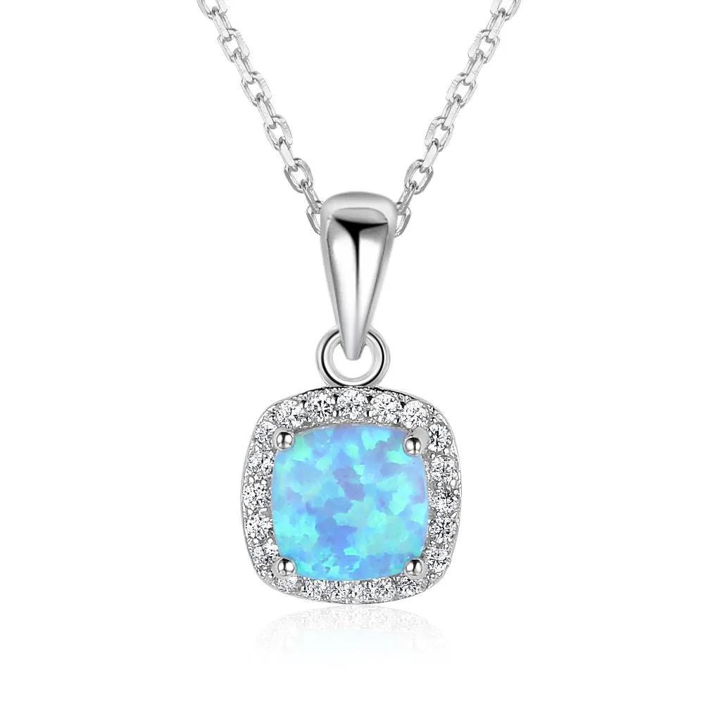 Cushion Shape Blue Opal Zircon Soleste Halo Sterling Silver Necklace