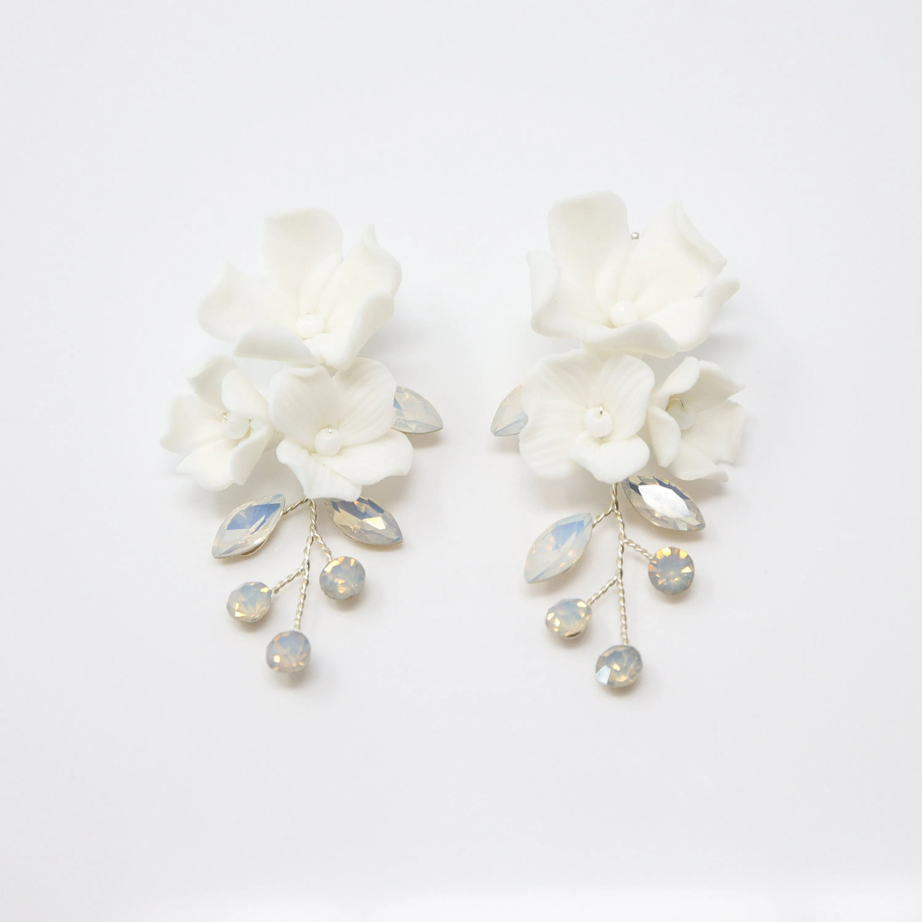 CZ Opal Ceramic White Flower Sparkling Crystal Long Bridal Jewelry Opal Bridal Earrings Opal Statement Earrings