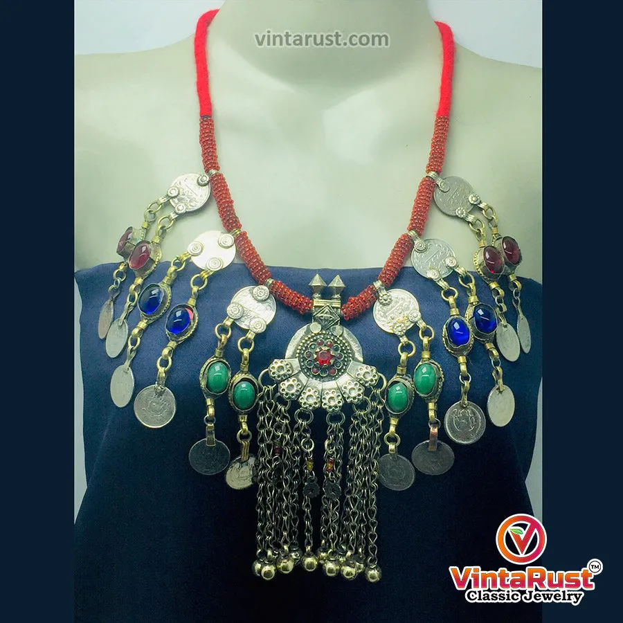 Dangling Vintage Coins and Stone Necklace