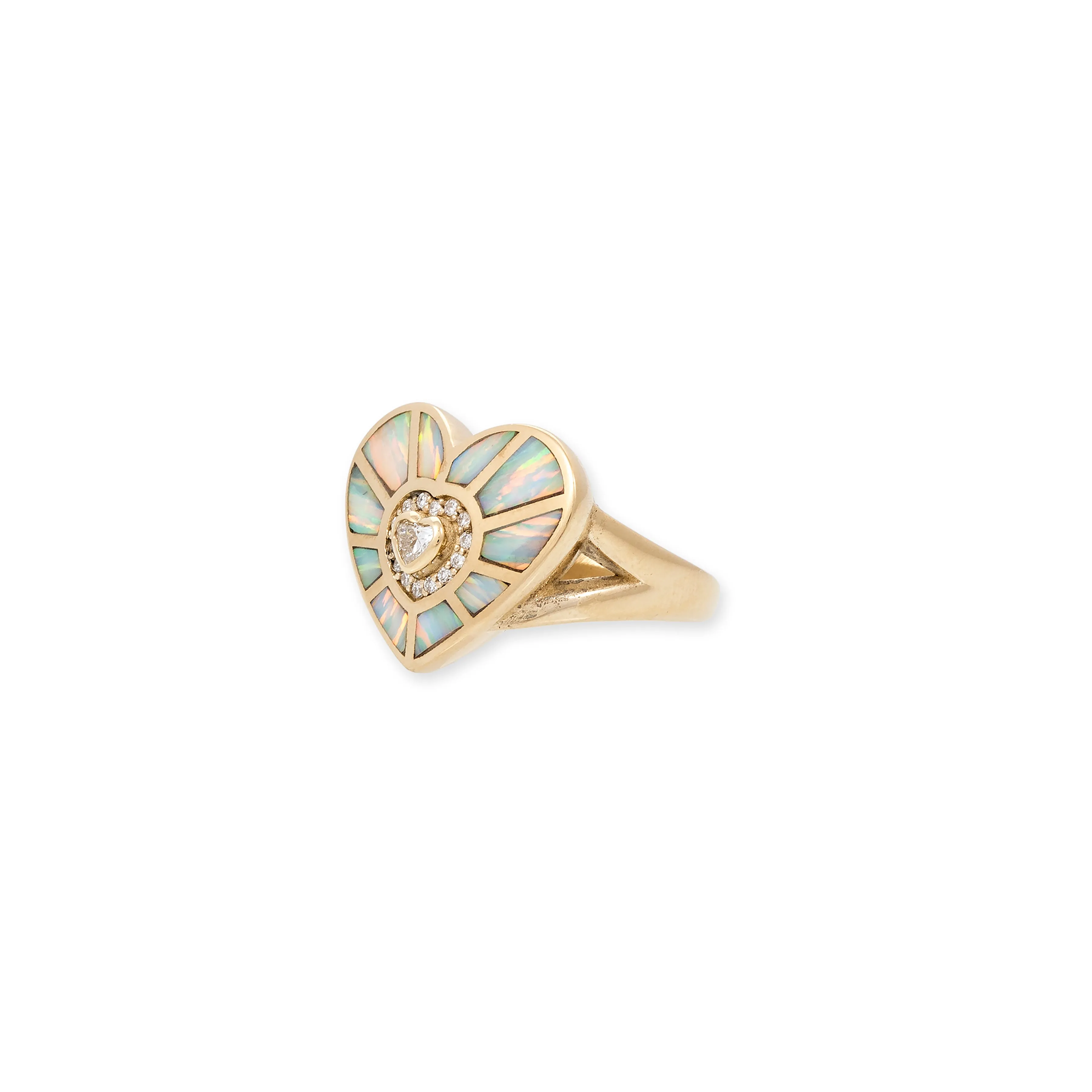 DIAMOND HEART CENTER   WHITE OPAL INLAY HEART VORTEX RING