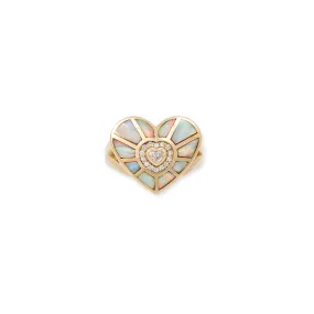 DIAMOND HEART CENTER   WHITE OPAL INLAY HEART VORTEX RING