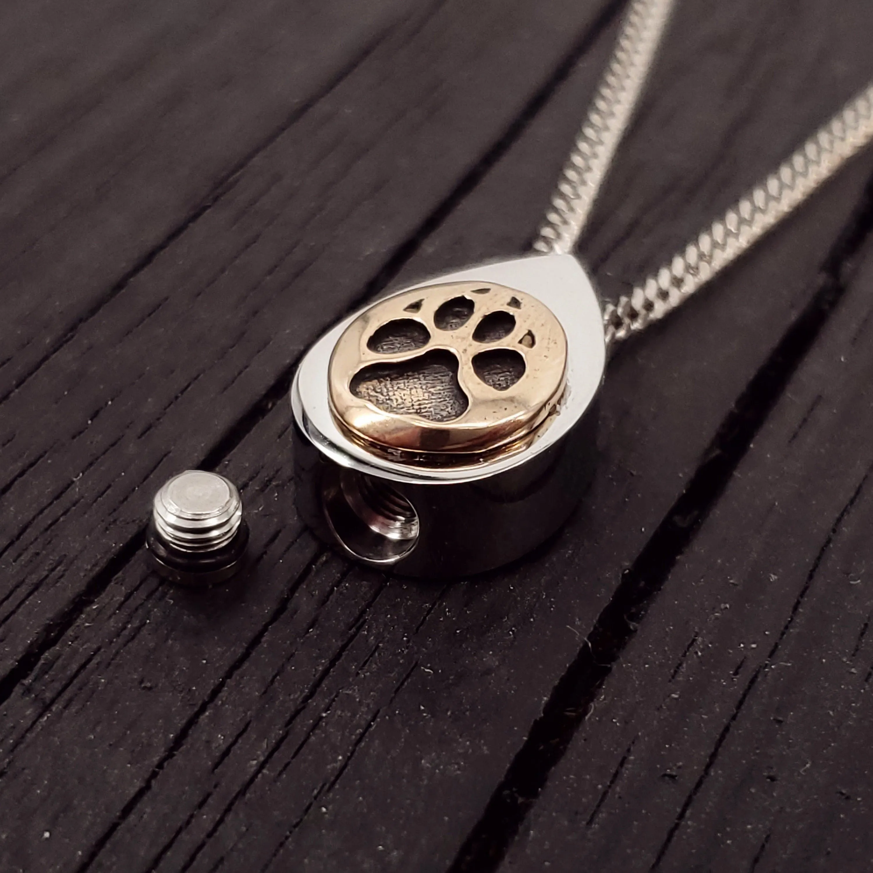 Dog Paw Print Tear Drop Cremation Ash Urn Necklace - Sold Bronze on Stainless Steel - Custom Engraved Personalised Mourning Pet Urn