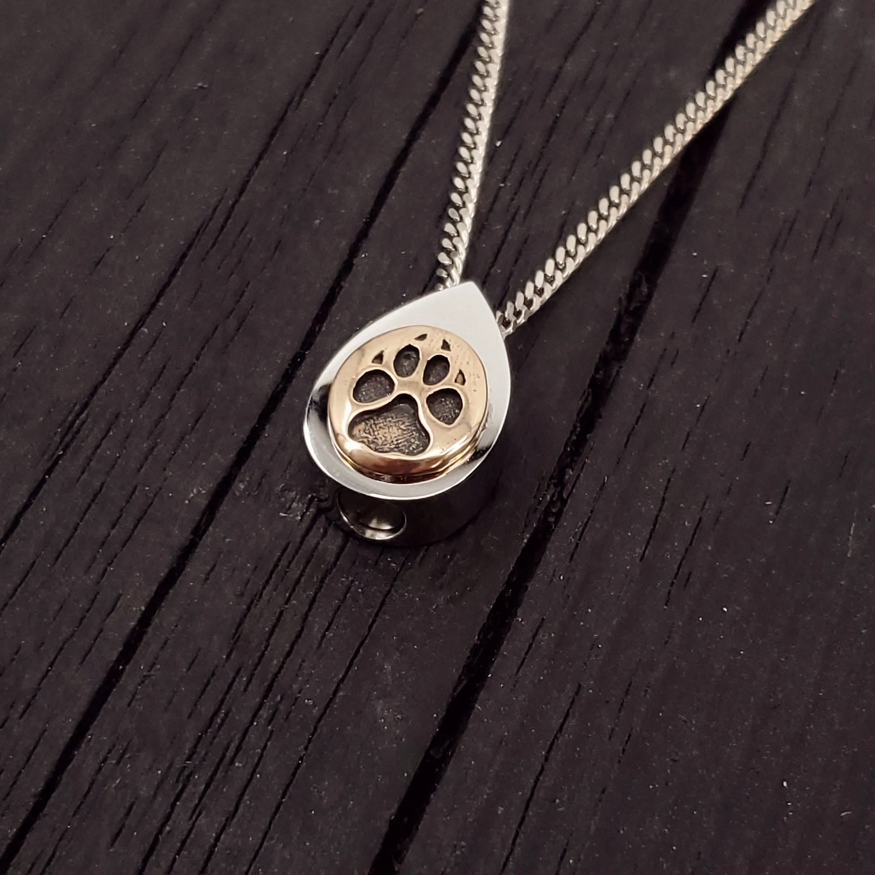 Dog Paw Print Tear Drop Cremation Ash Urn Necklace - Sold Bronze on Stainless Steel - Custom Engraved Personalised Mourning Pet Urn