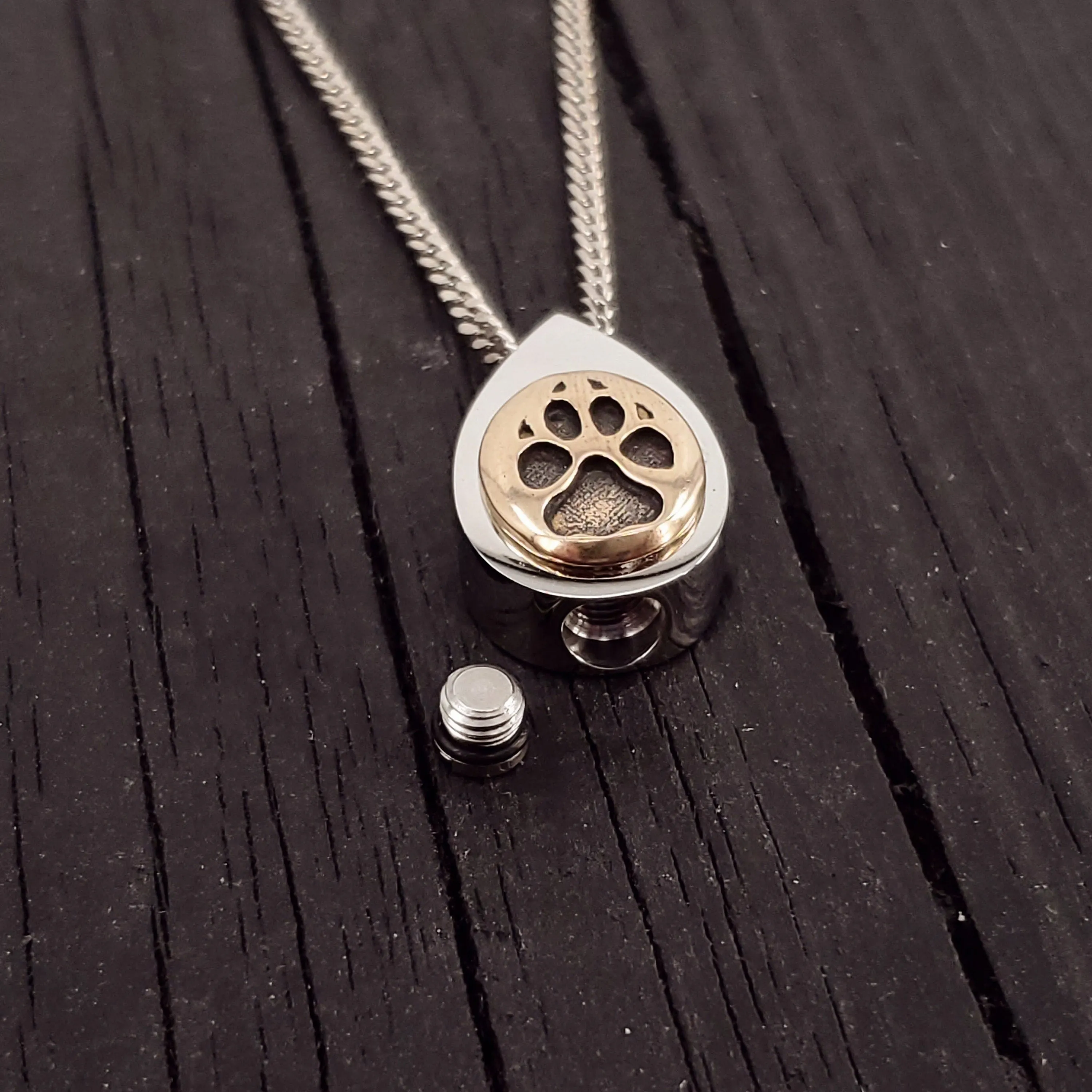 Dog Paw Print Tear Drop Cremation Ash Urn Necklace - Sold Bronze on Stainless Steel - Custom Engraved Personalised Mourning Pet Urn