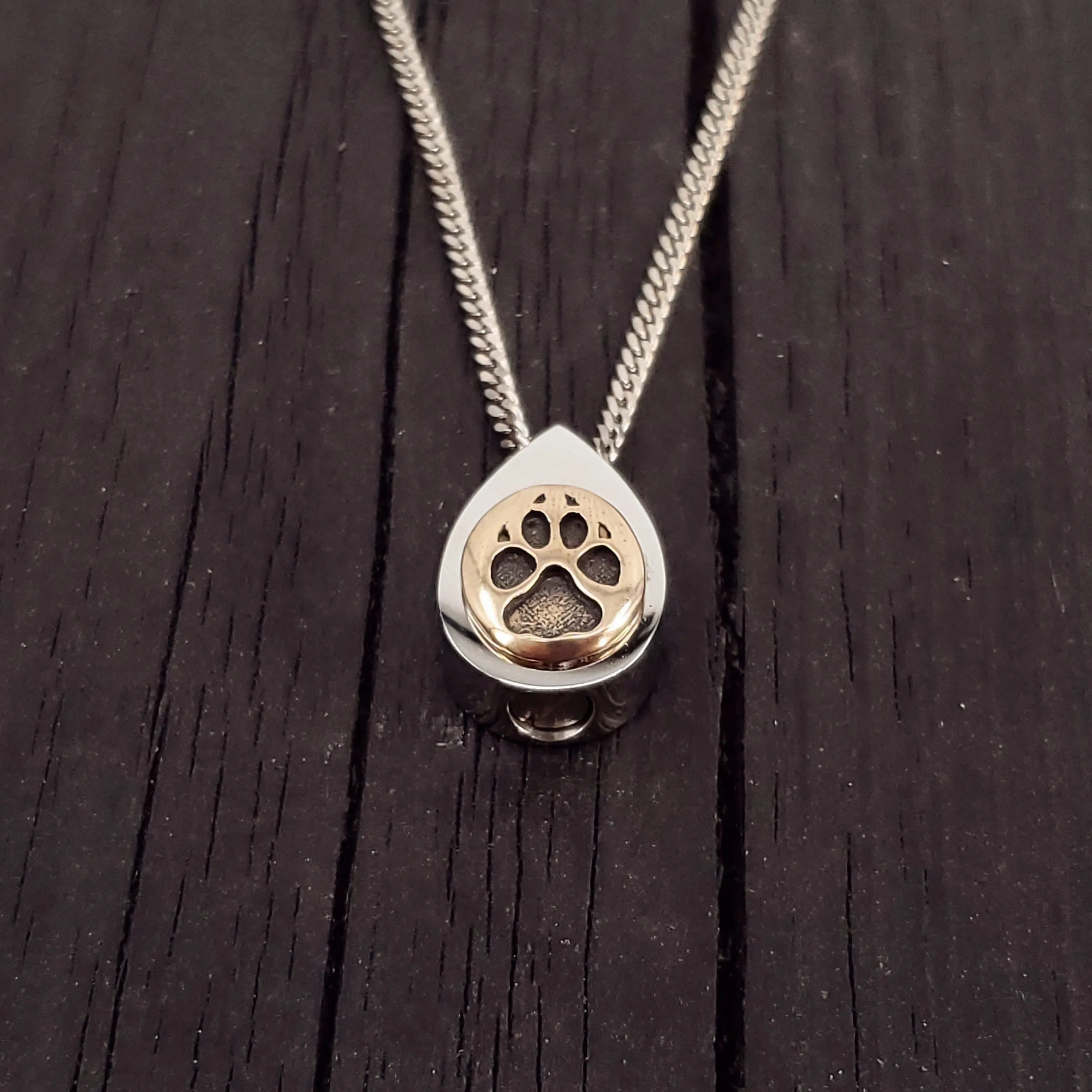 Dog Paw Print Tear Drop Cremation Ash Urn Necklace - Sold Bronze on Stainless Steel - Custom Engraved Personalised Mourning Pet Urn