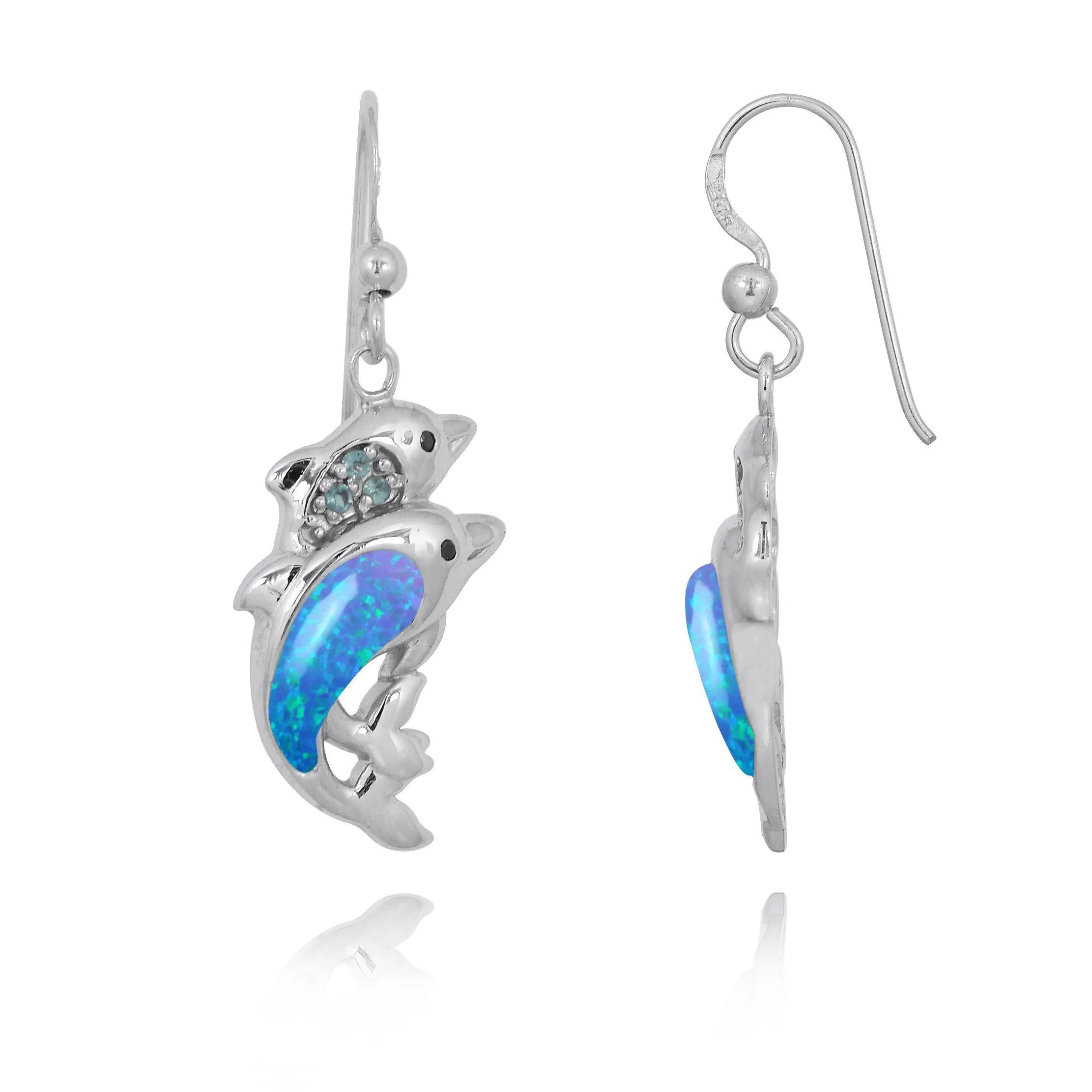 Dolphin Earrings with Blue Opal and Swiss Blue Topaz