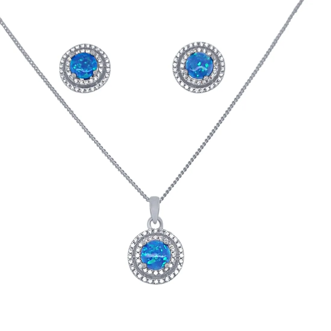 Double Halo Synthetic Blue Opal Necklace and Stud Earrings Set