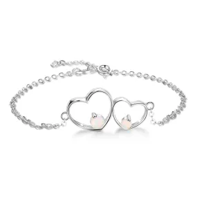 Double Heart 925 Sterling Silver Bracelet Bangles, Milky Opal Stone Design Silver Bracelet