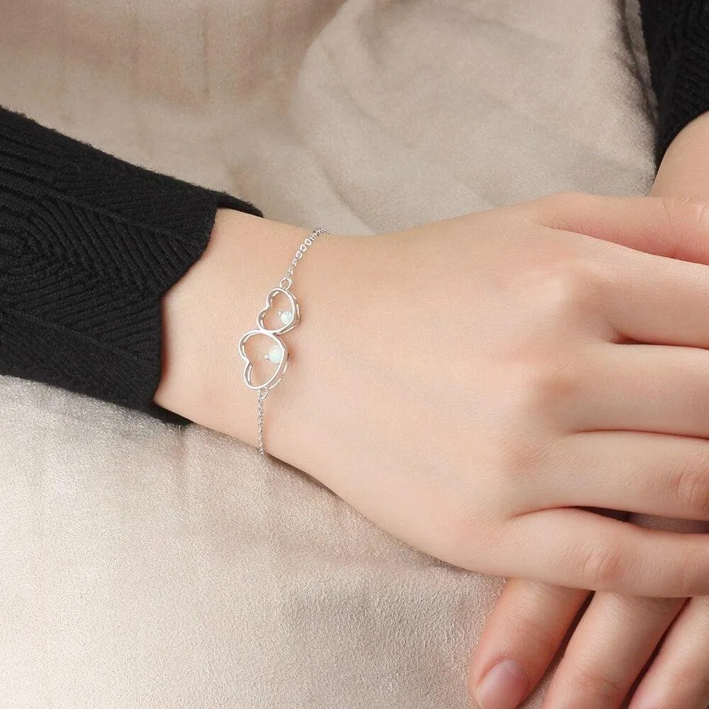 Double Heart 925 Sterling Silver Bracelet Bangles, Milky Opal Stone Design Silver Bracelet