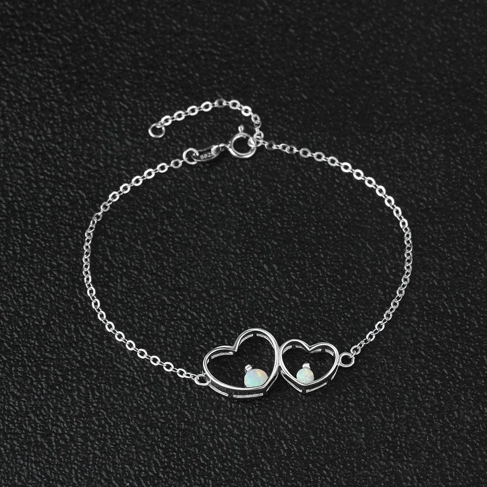 Double Heart 925 Sterling Silver Bracelet Bangles, Milky Opal Stone Design Silver Bracelet