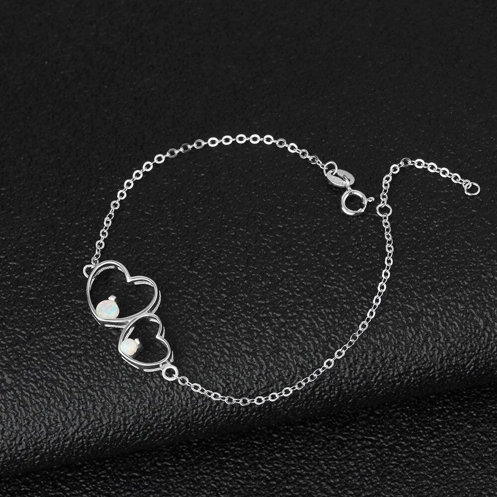 Double Heart 925 Sterling Silver Bracelet Bangles, Milky Opal Stone Design Silver Bracelet