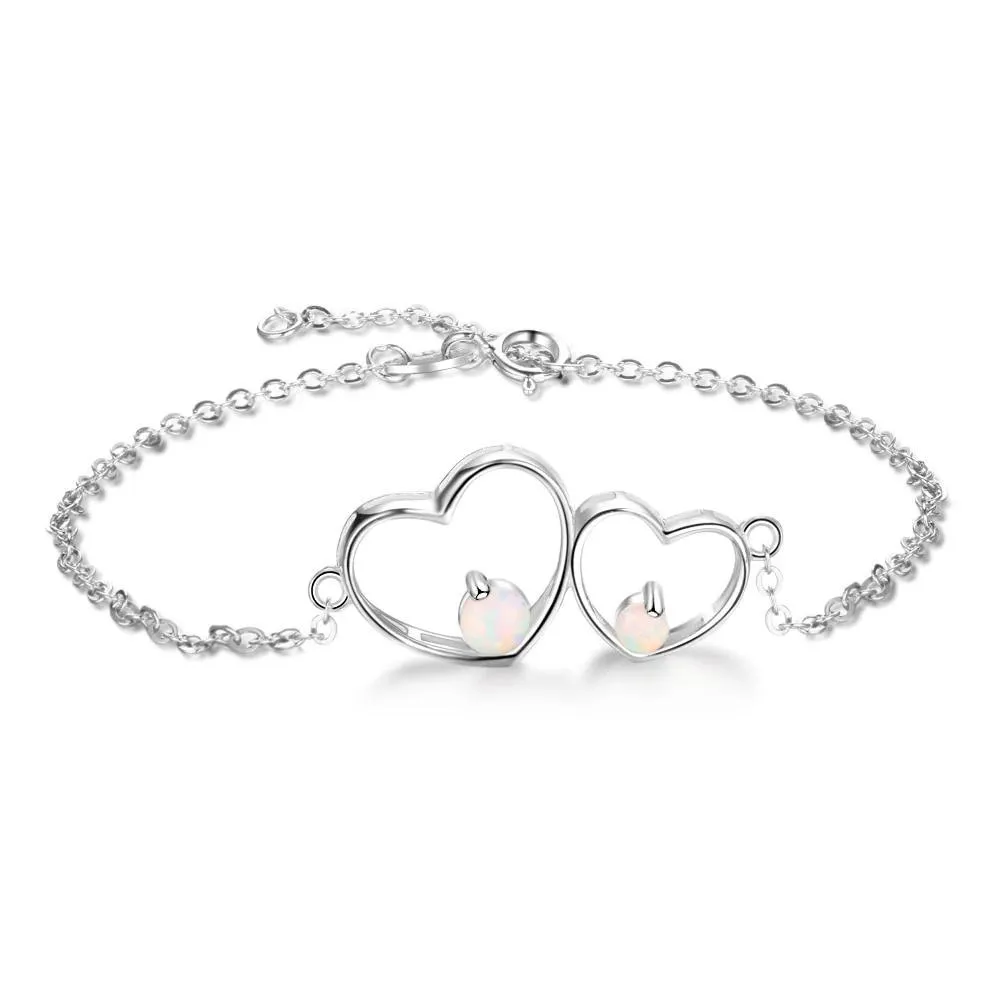 Double Heart 925 Sterling Silver Bracelet Bangles, Milky Opal Stone Design Silver Bracelet