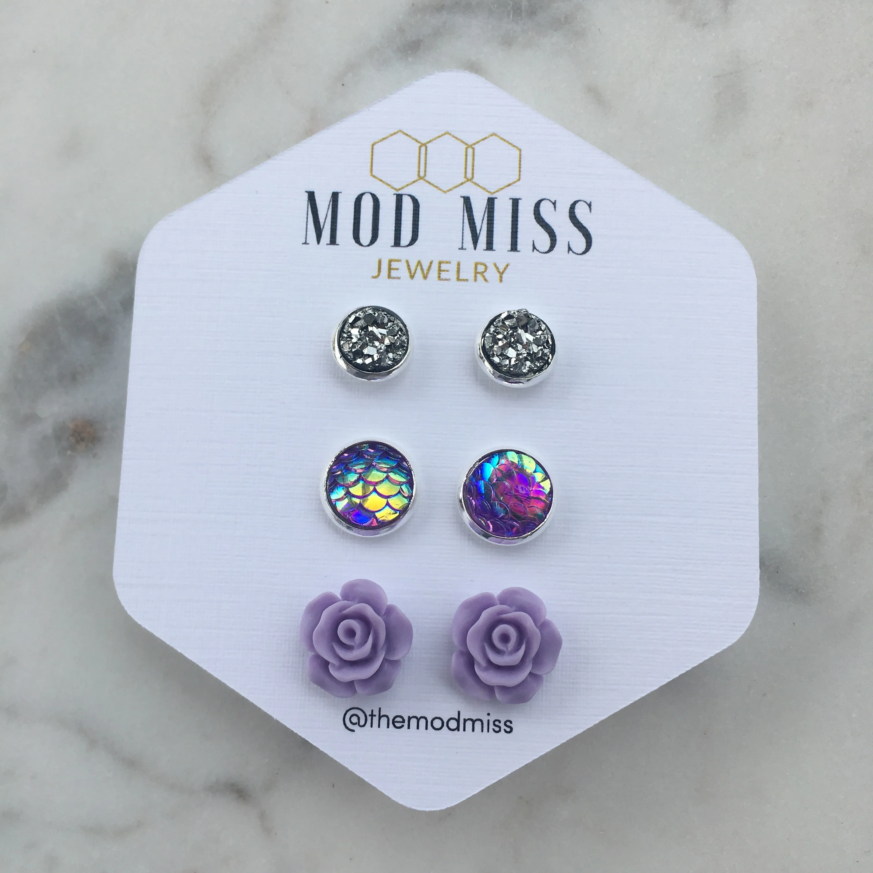 Druzy Stud Earring Set of 3 "8mm Gunmetal, Purple Mermaid & Purple Rose"