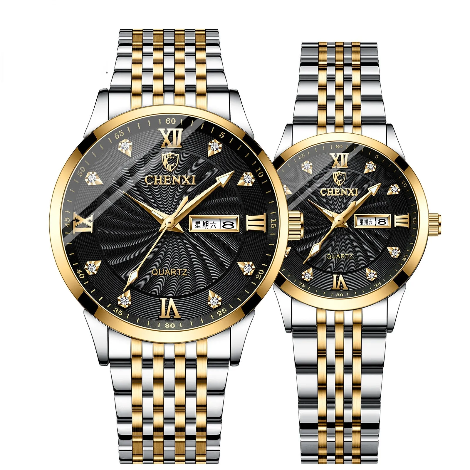 Dual Calendar Watch Couple Steel Strap Watch Men's and Women's Quartz Watch with Diamond