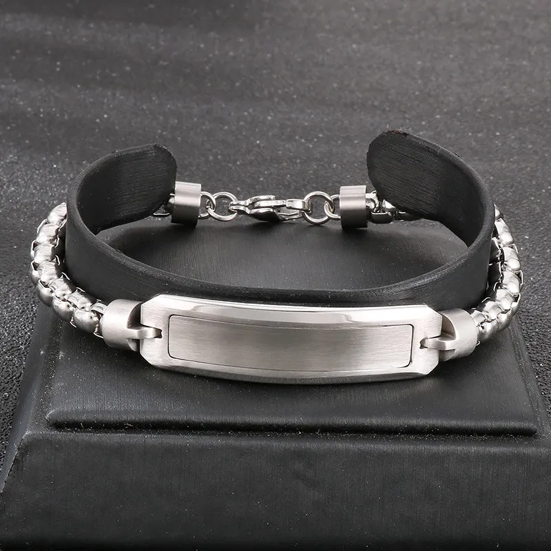 Elegant Curved Bracelet with Laser Lettering and Square Pearl for Men