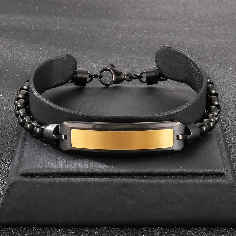 Elegant Curved Bracelet with Laser Lettering and Square Pearl for Men