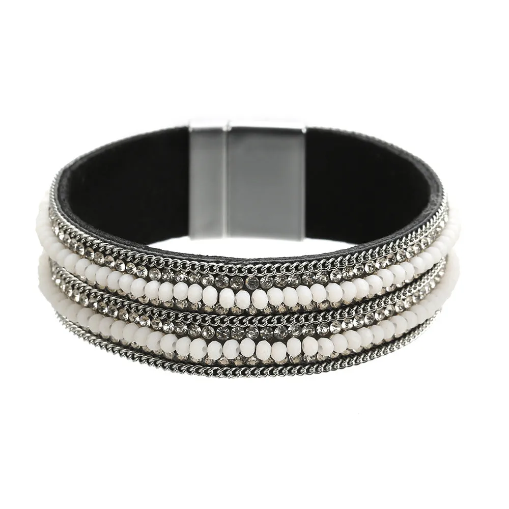 Elegant Rhinestone Leather Bracelet with Magnet Clasp - Vienna Verve Collection