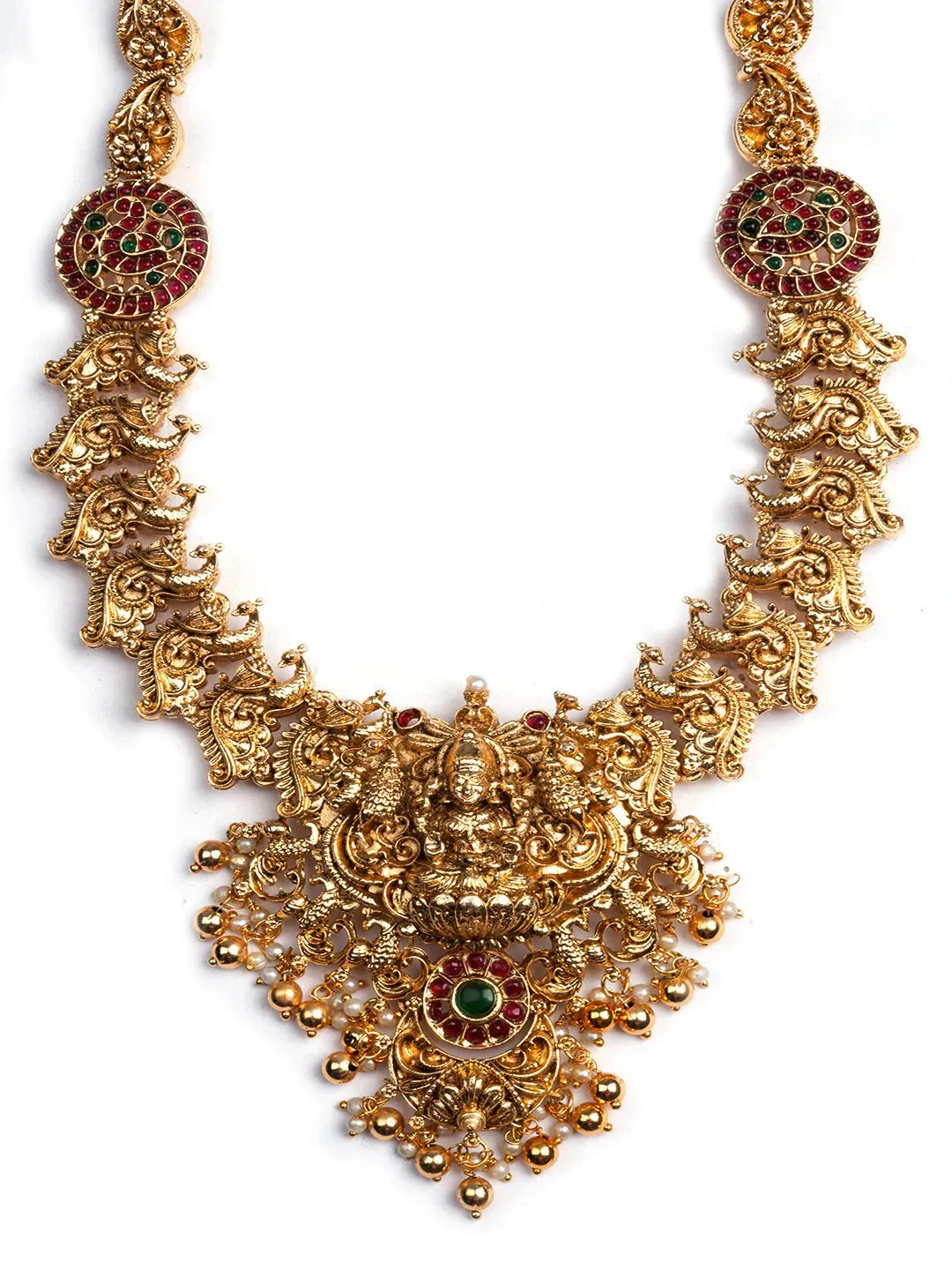 Exquisite Golden Beads Temple Goddess Long Necklace Set | Handcrafted Indian Jewelry