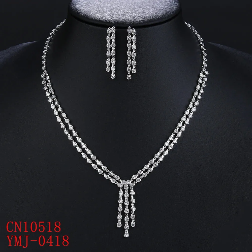 Fashion Design 2 Layers White Color AAA Cubic Zirconia Necklace Earrings Jewelry Sets Women Wedding Accessories Gifts CN10518