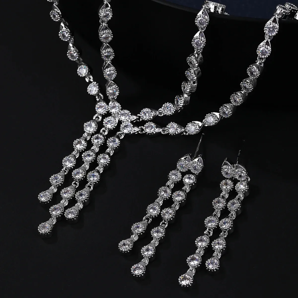 Fashion Design 2 Layers White Color AAA Cubic Zirconia Necklace Earrings Jewelry Sets Women Wedding Accessories Gifts CN10518