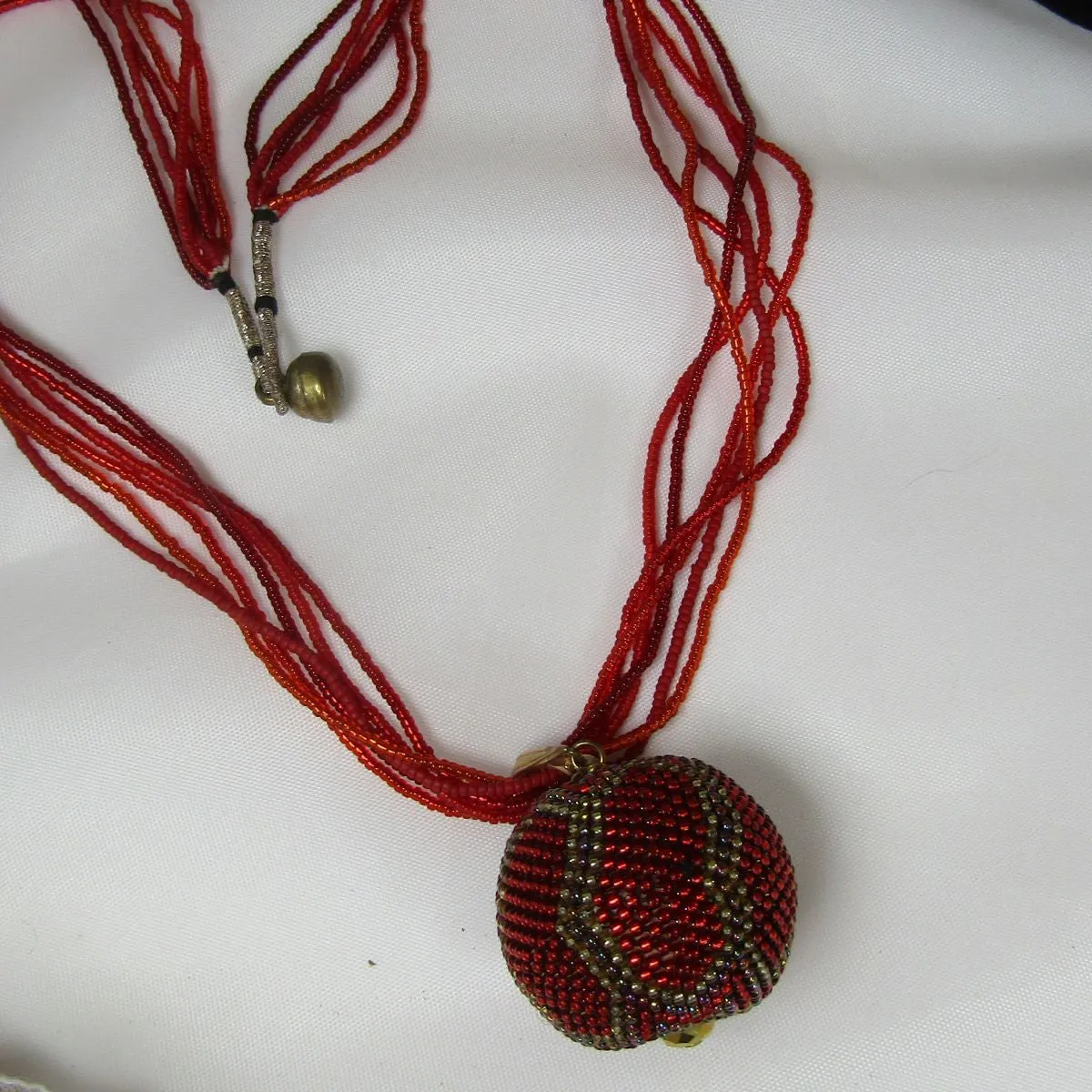 Fiesta Red Twisted Seed Bead Necklace with Pendant