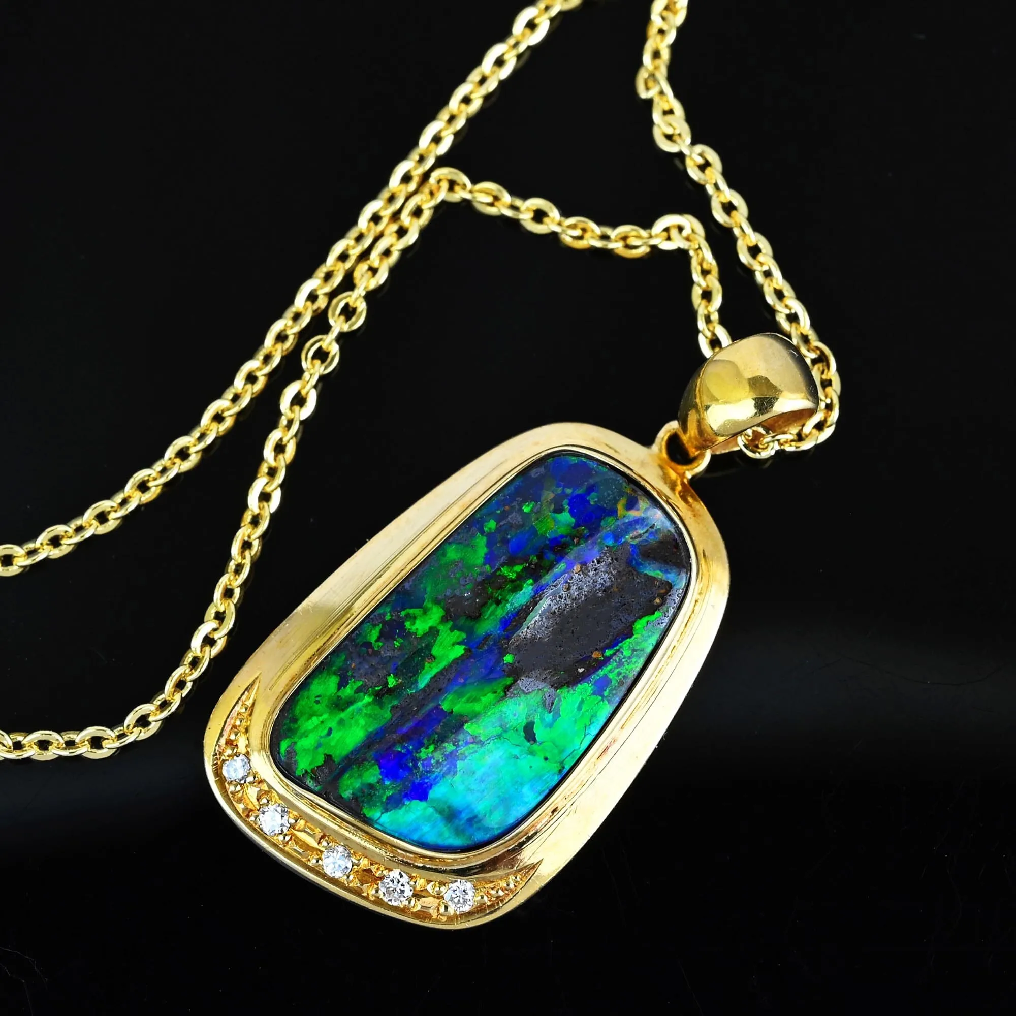 Fine 18K Gold Diamond Accent Boulder Opal Pendant