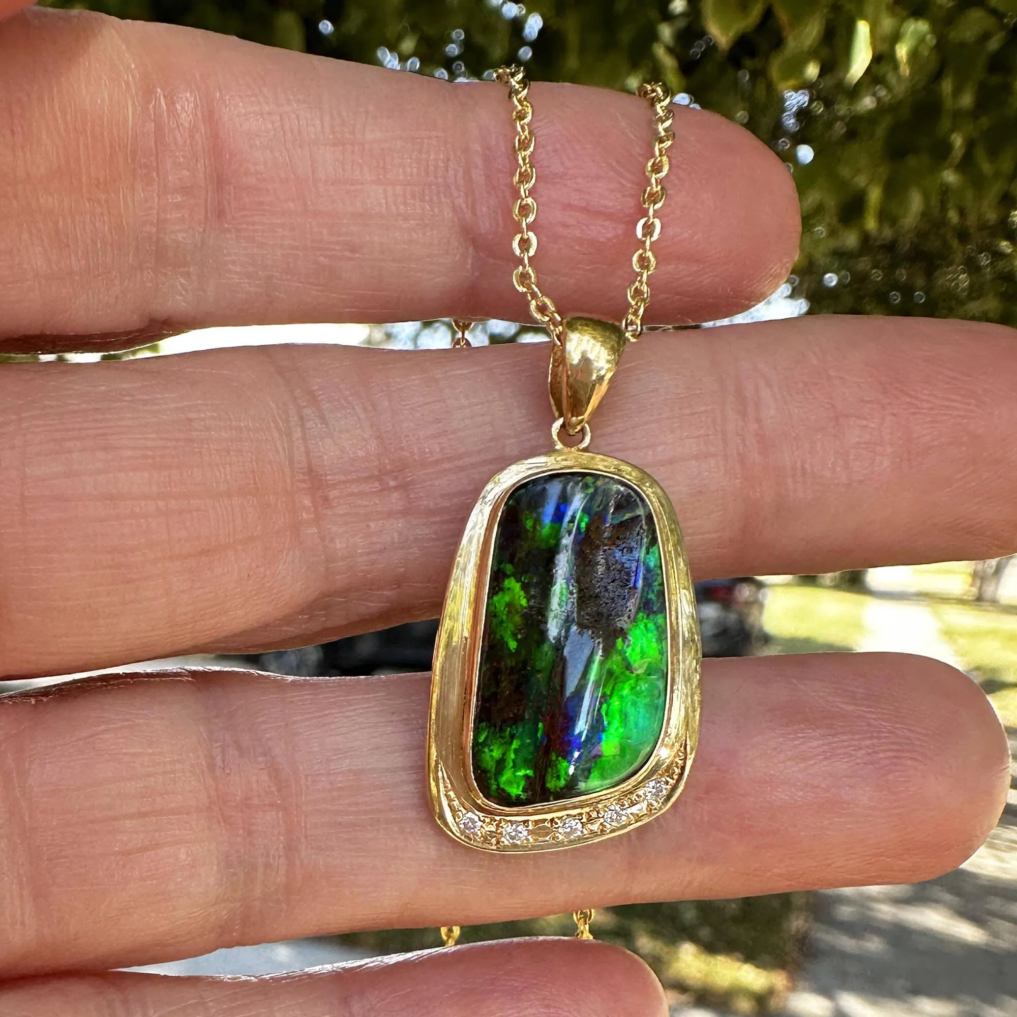 Fine 18K Gold Diamond Accent Boulder Opal Pendant