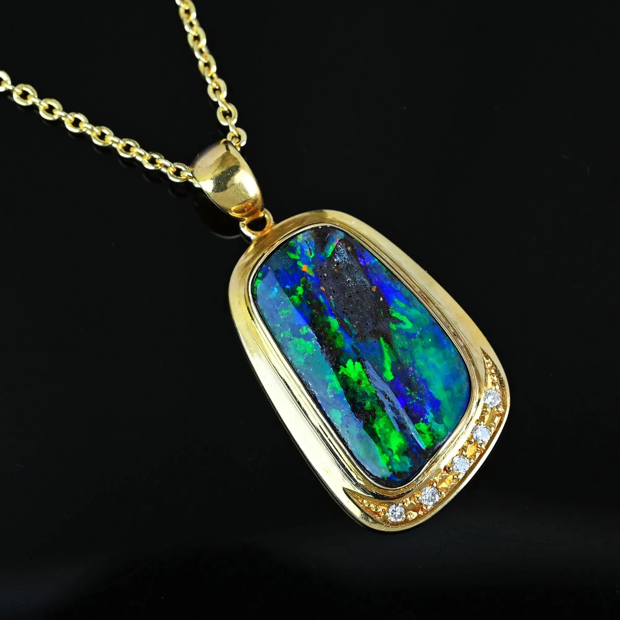 Fine 18K Gold Diamond Accent Boulder Opal Pendant