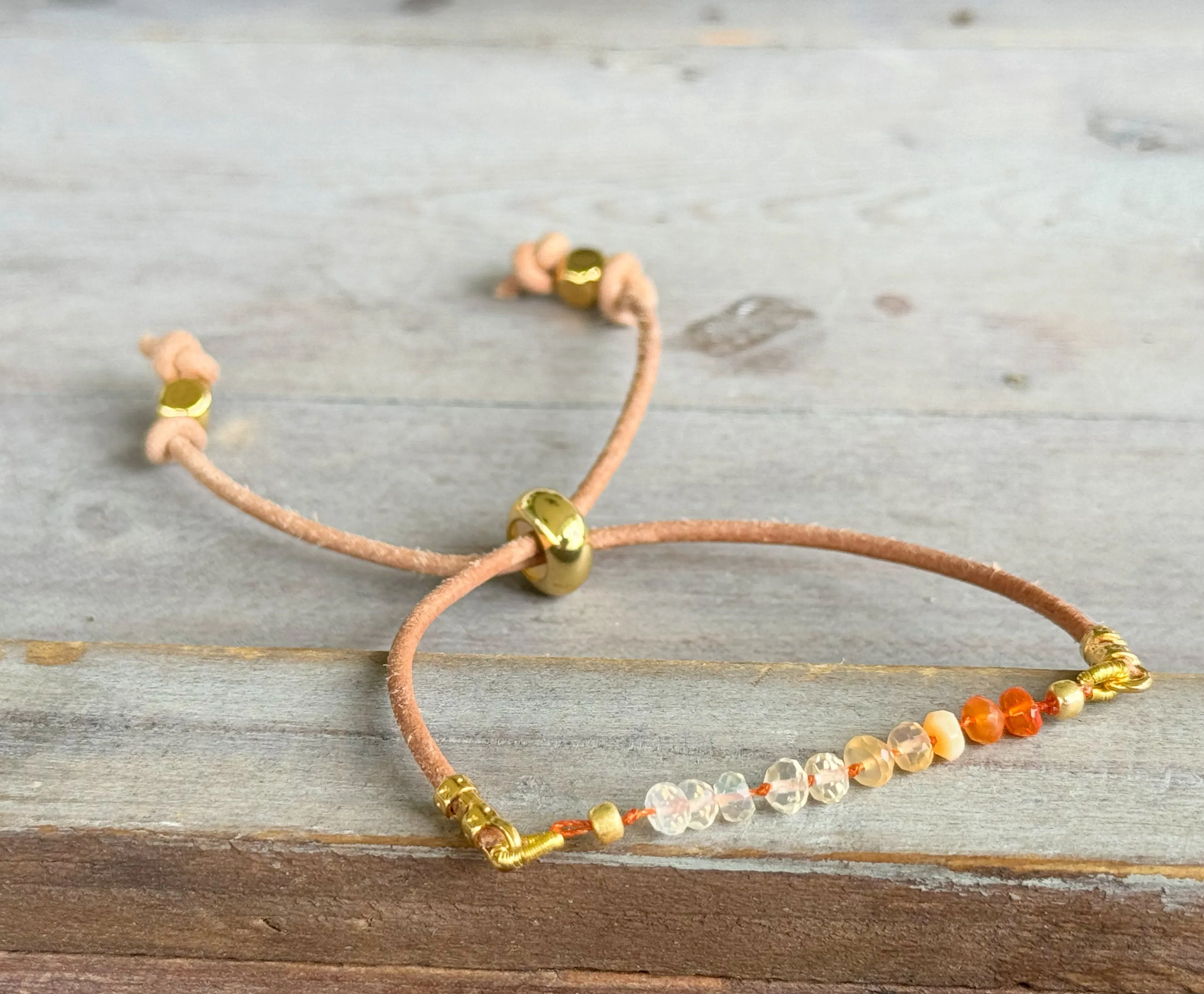 Fire Opal and slide adjustable chain or leather stack bracelet