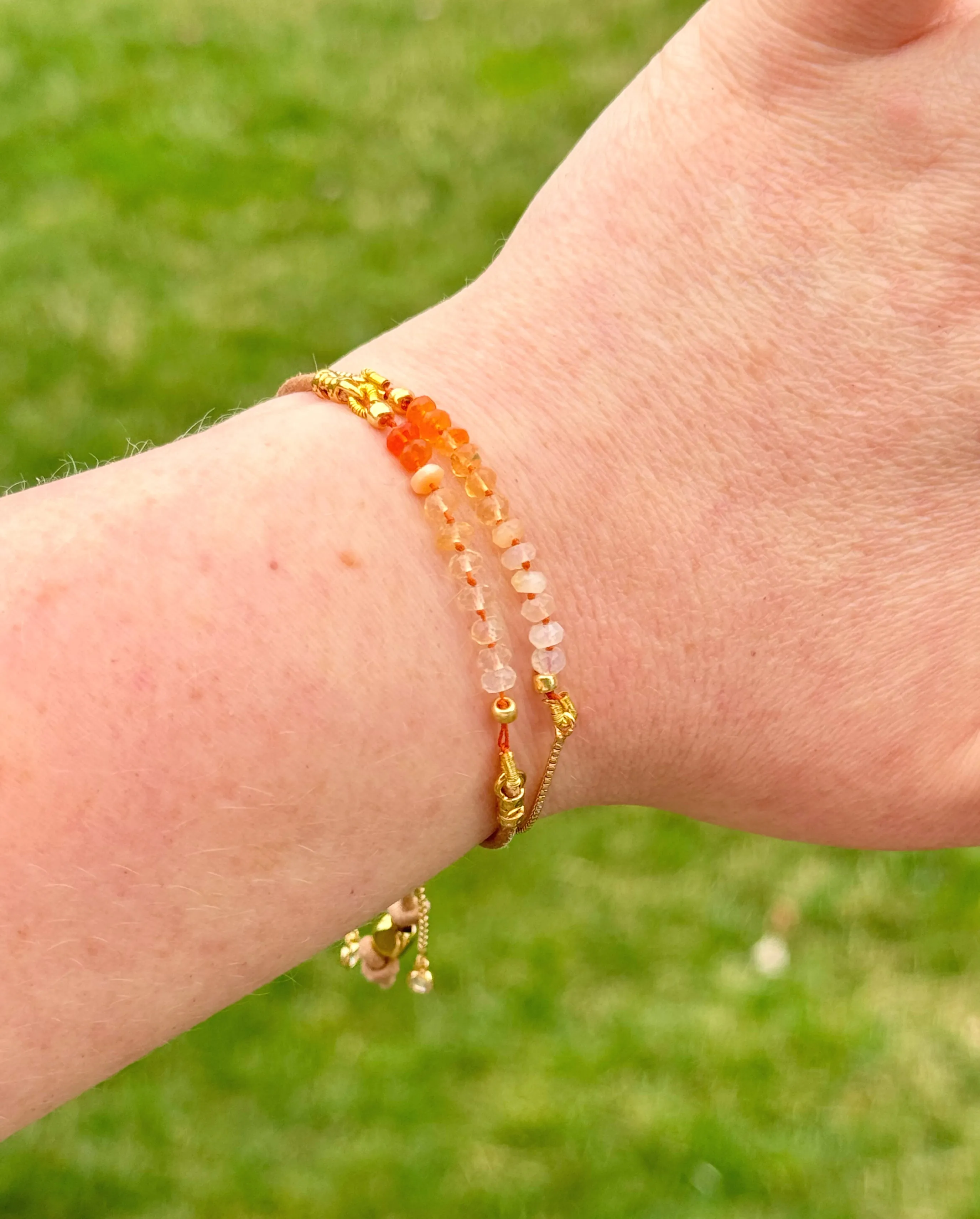 Fire Opal and slide adjustable chain or leather stack bracelet