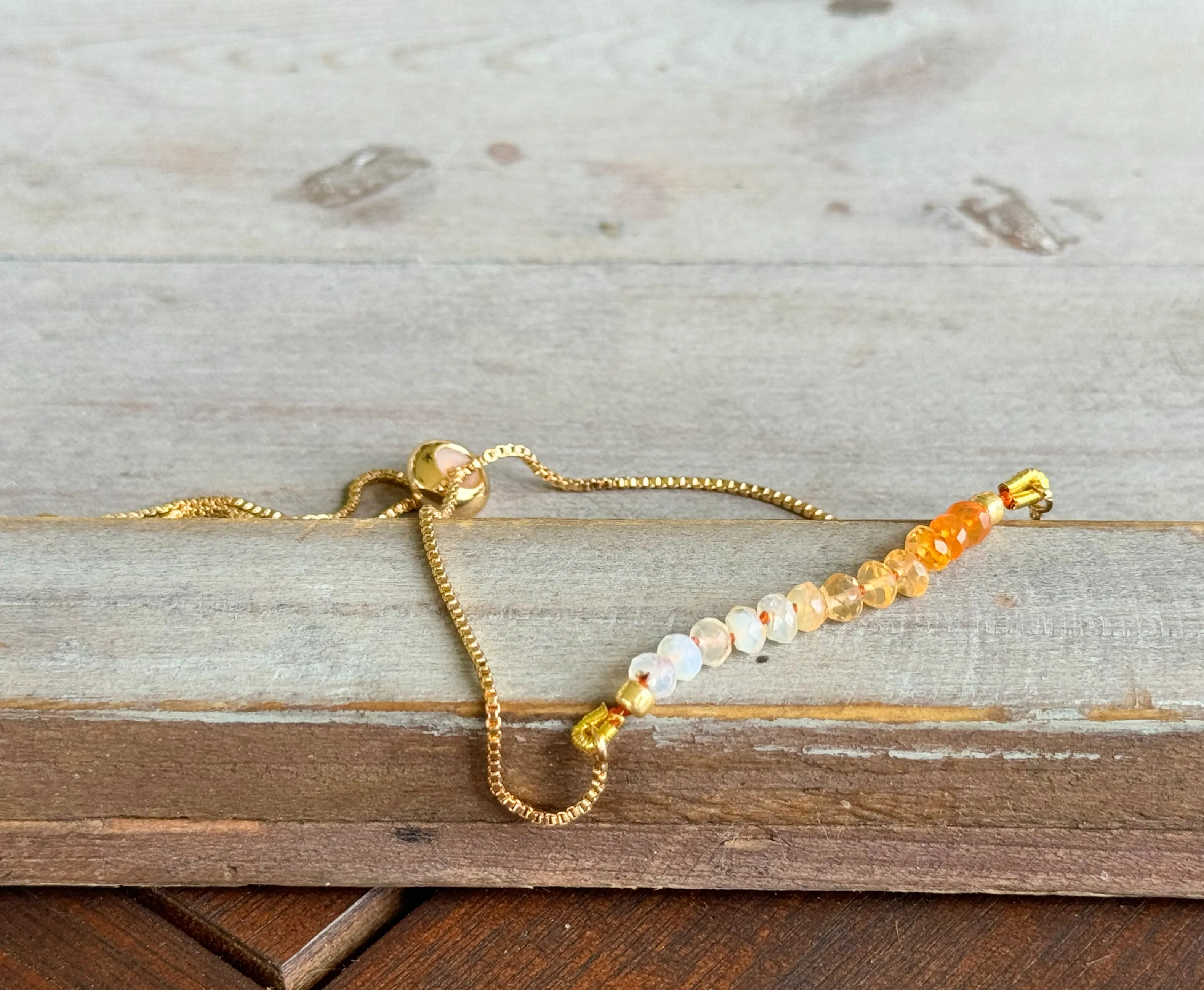 Fire Opal and slide adjustable chain or leather stack bracelet