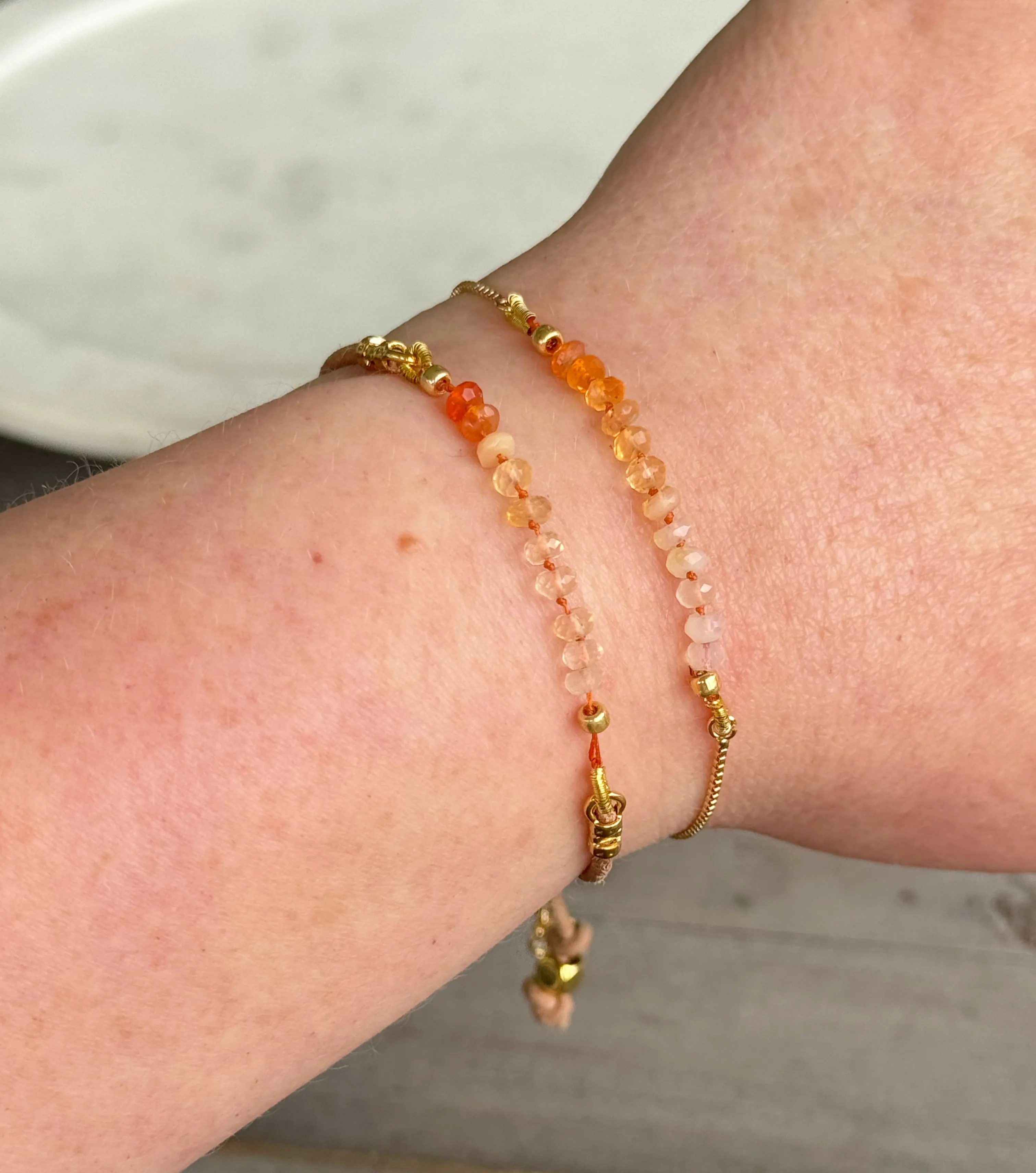 Fire Opal and slide adjustable chain or leather stack bracelet