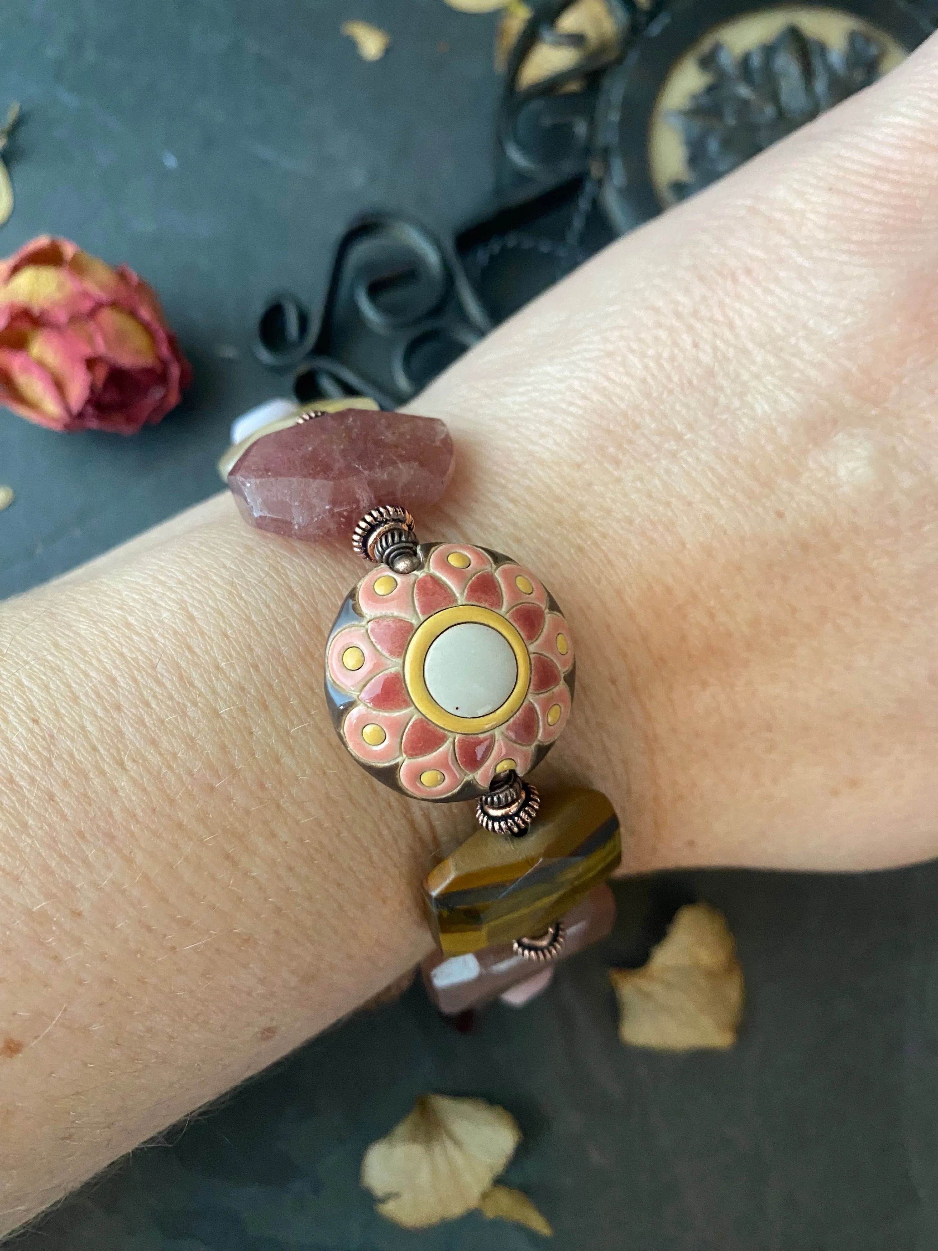 Flower ceramic focal bead, brown and pink with yellow stone, copper metal, bracelet