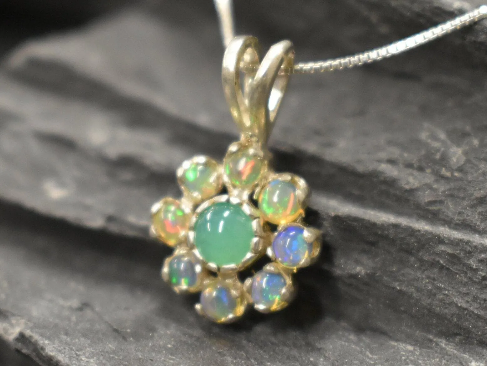 Flower Opal Pendant - Green Chrysoprase Necklace - Vintage Flower Necklace