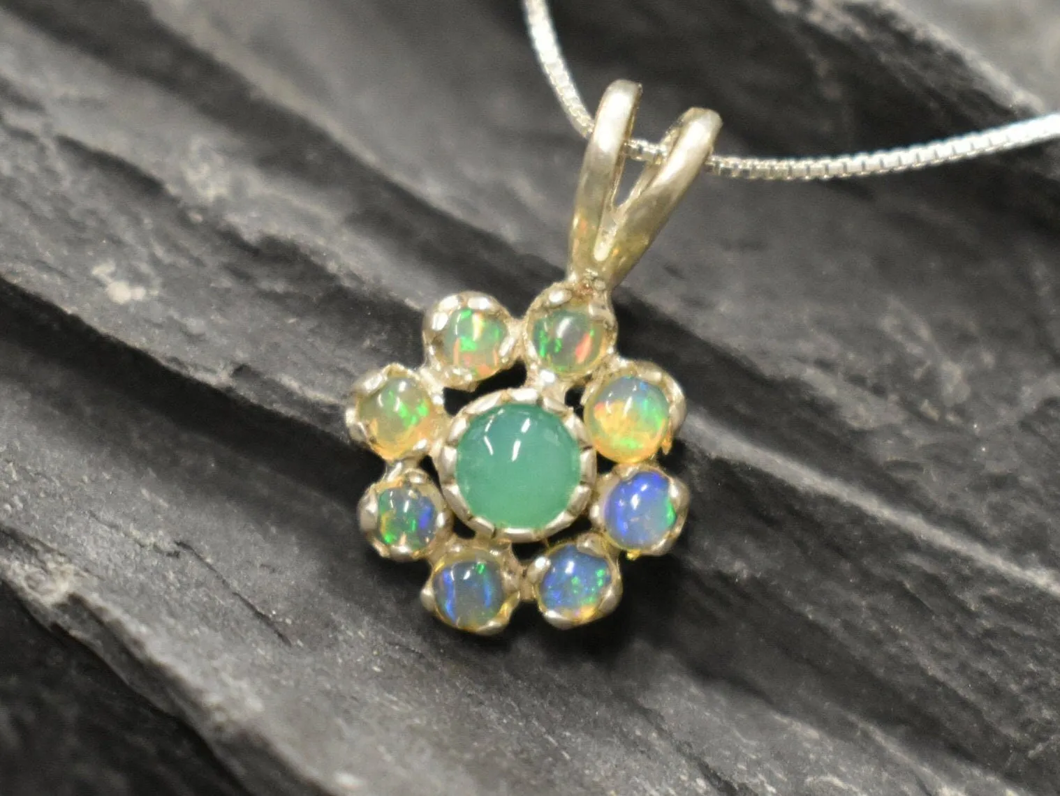 Flower Opal Pendant - Green Chrysoprase Necklace - Vintage Flower Necklace