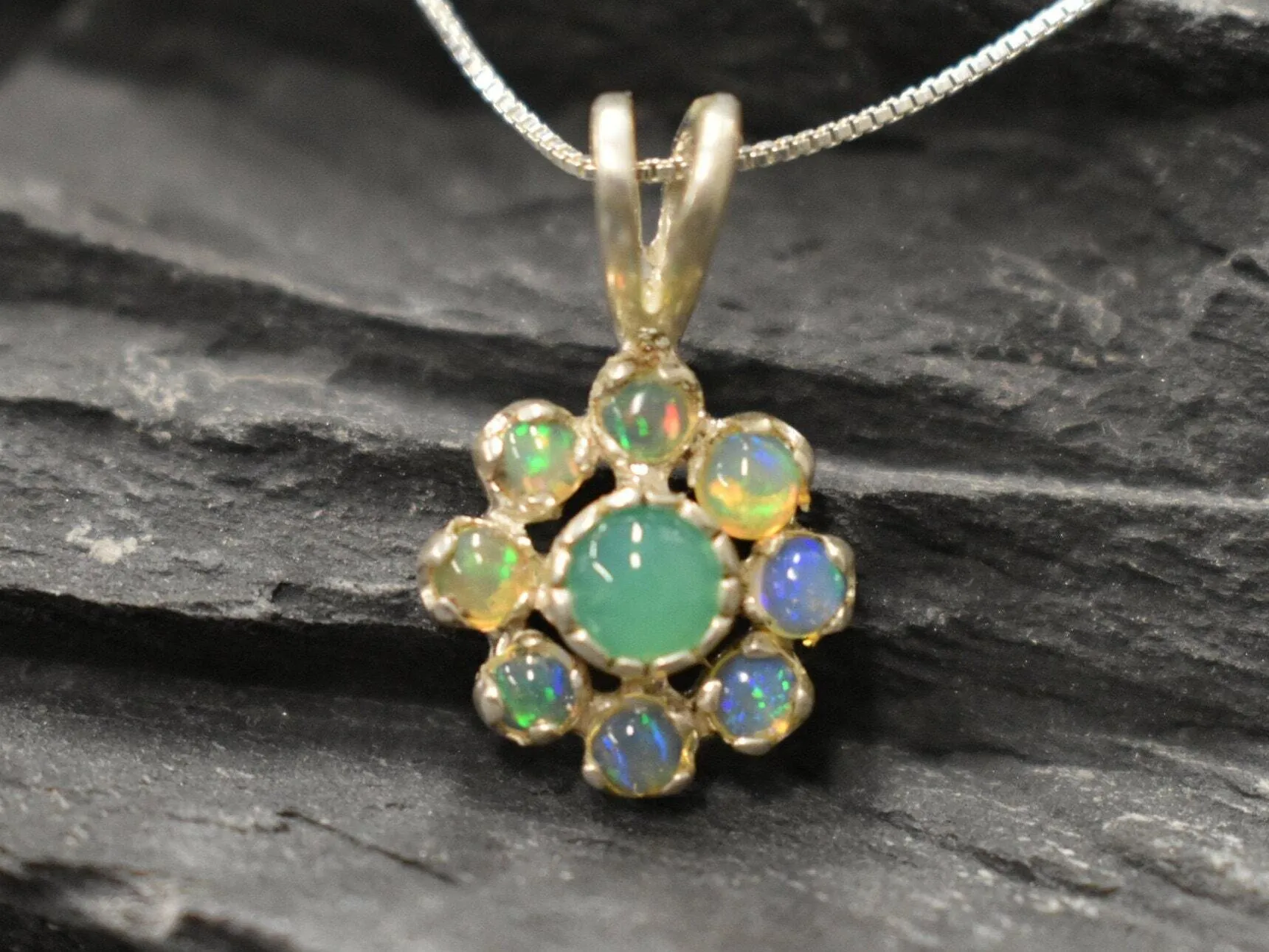 Flower Opal Pendant - Green Chrysoprase Necklace - Vintage Flower Necklace