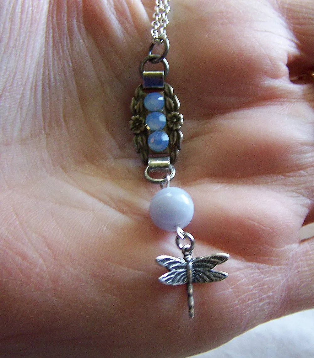 Forget Me Not Vintage Sterling Charm Blue Agate Dragonfly Necklace