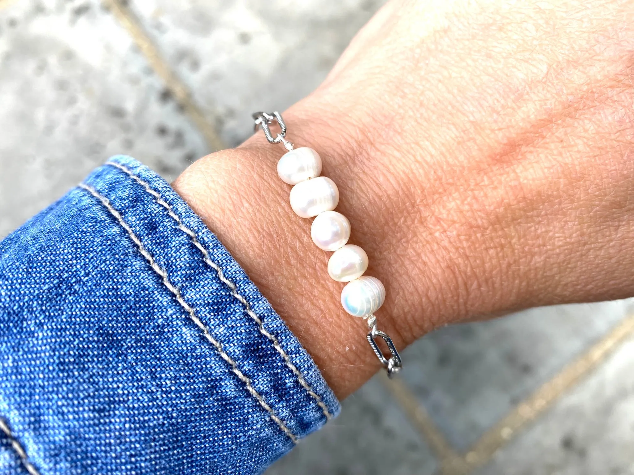 Freshwater Pearl Bracelet with Paper Clip Chain