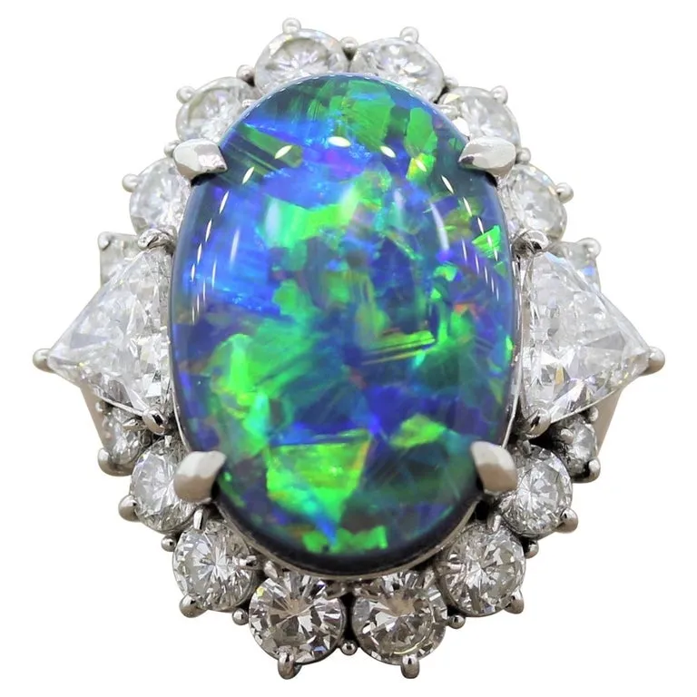 Gem Australian Black Opal Diamond Platinum Ring