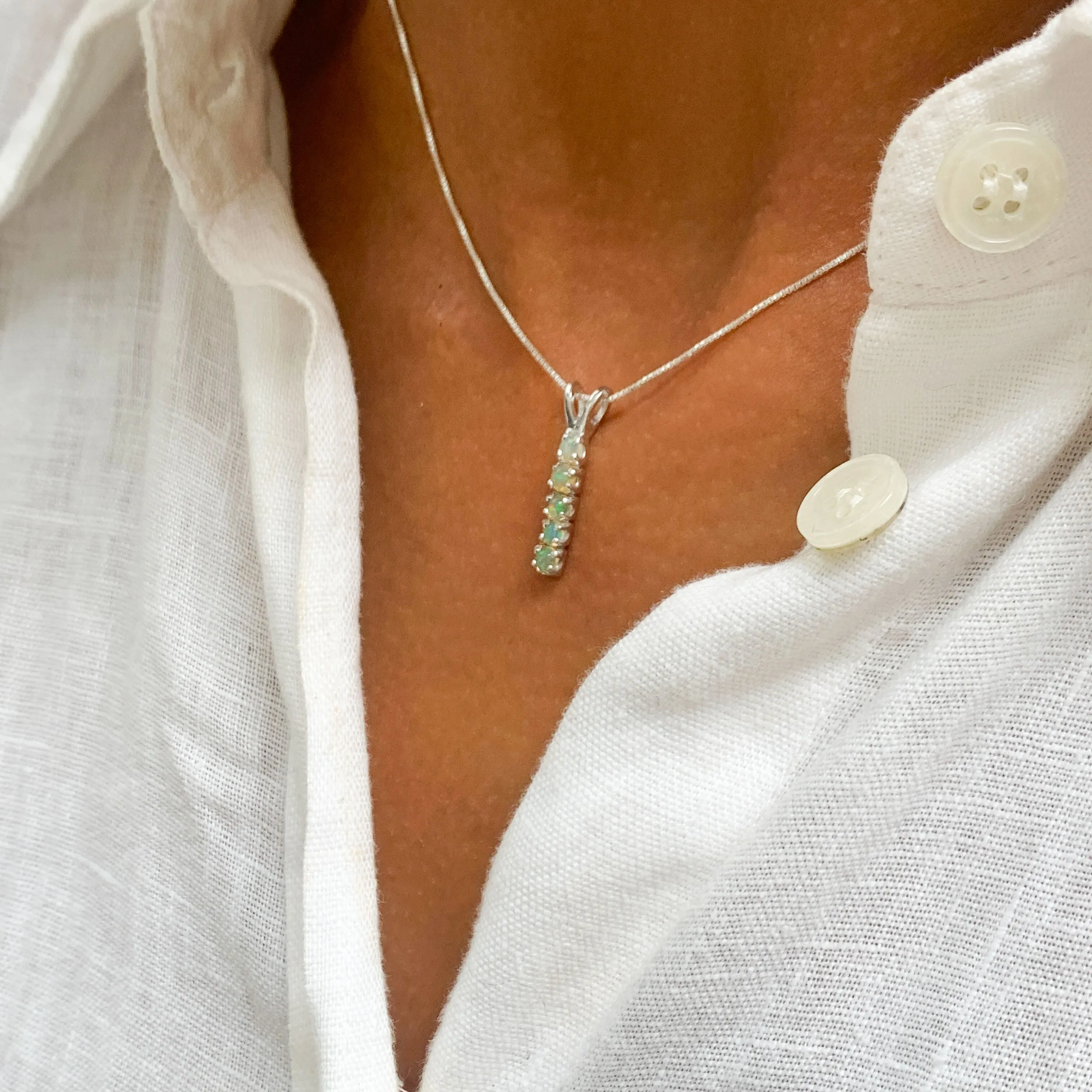 Genuine Opal Necklace - Vertical Opal Pendant -  October Birthstone Necklace