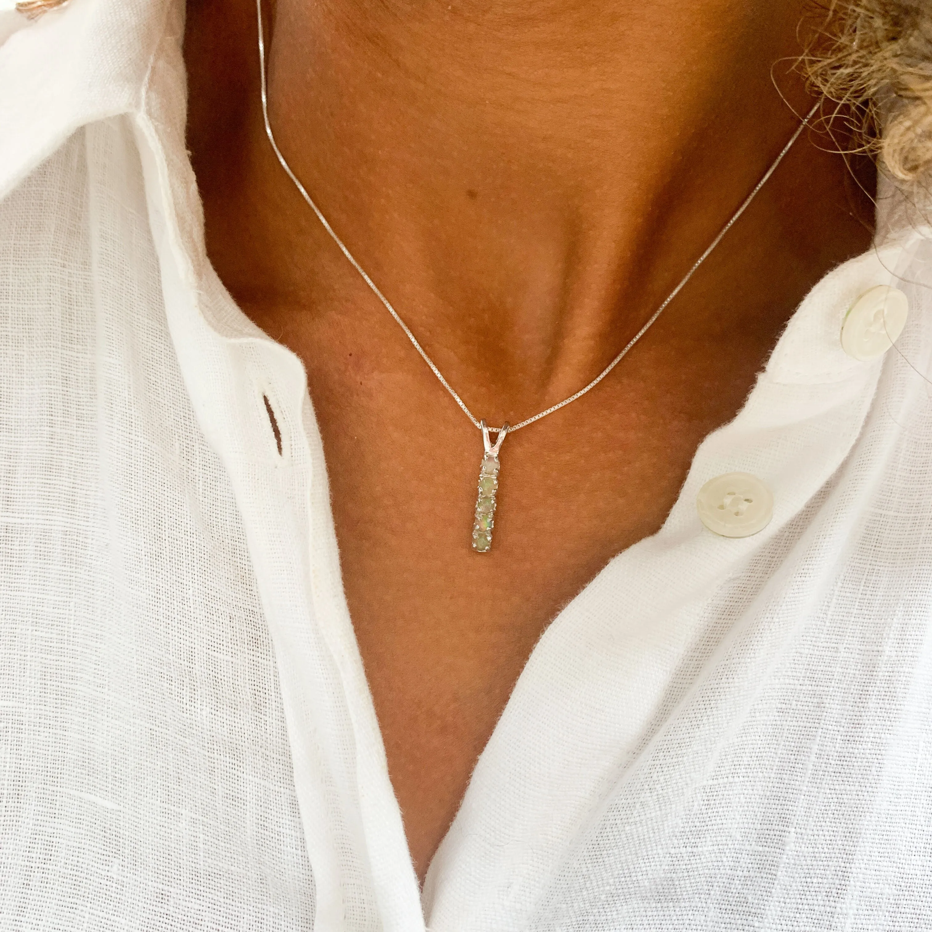 Genuine Opal Necklace - Vertical Opal Pendant -  October Birthstone Necklace