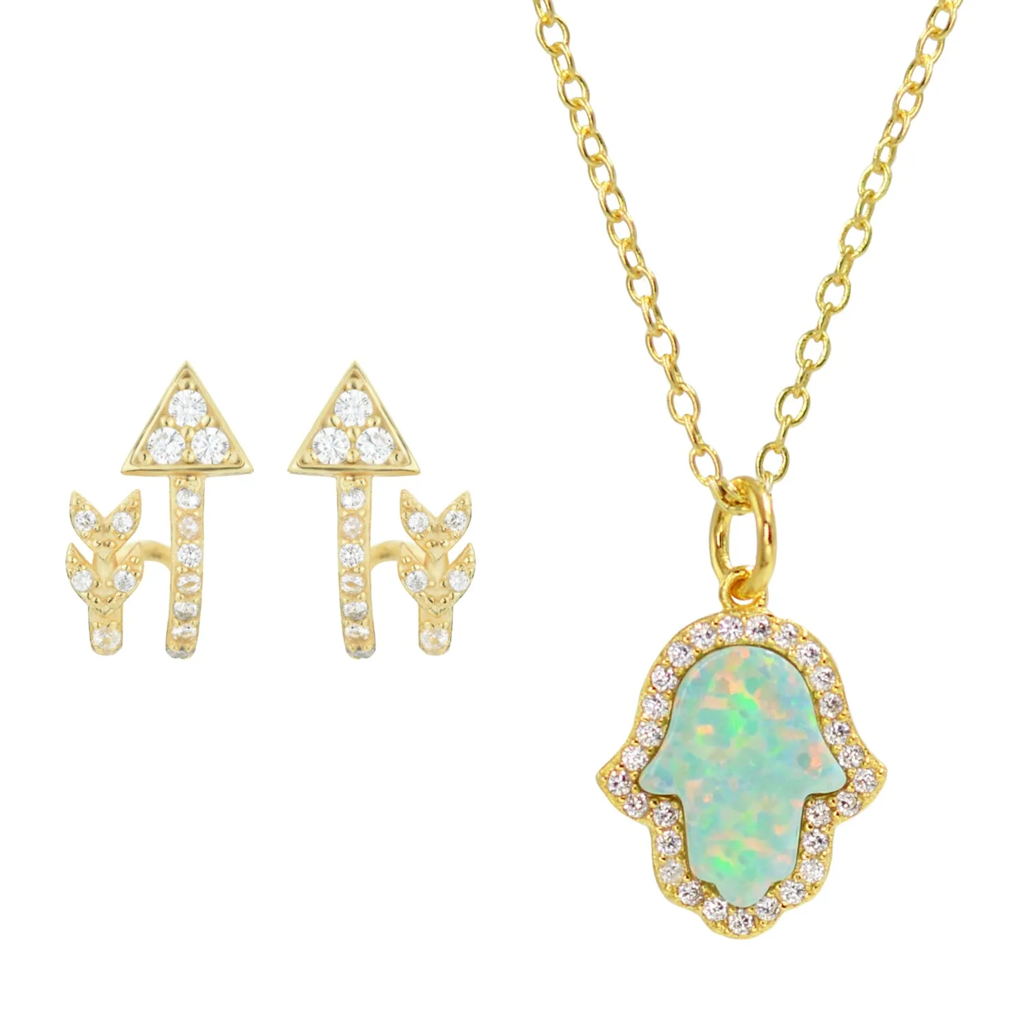 Gift Set | Opal Hamsa Necklace   Arrow Huggie Earrings