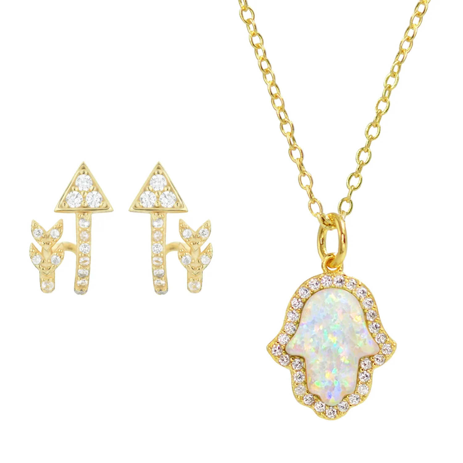 Gift Set | Opal Hamsa Necklace   Arrow Huggie Earrings