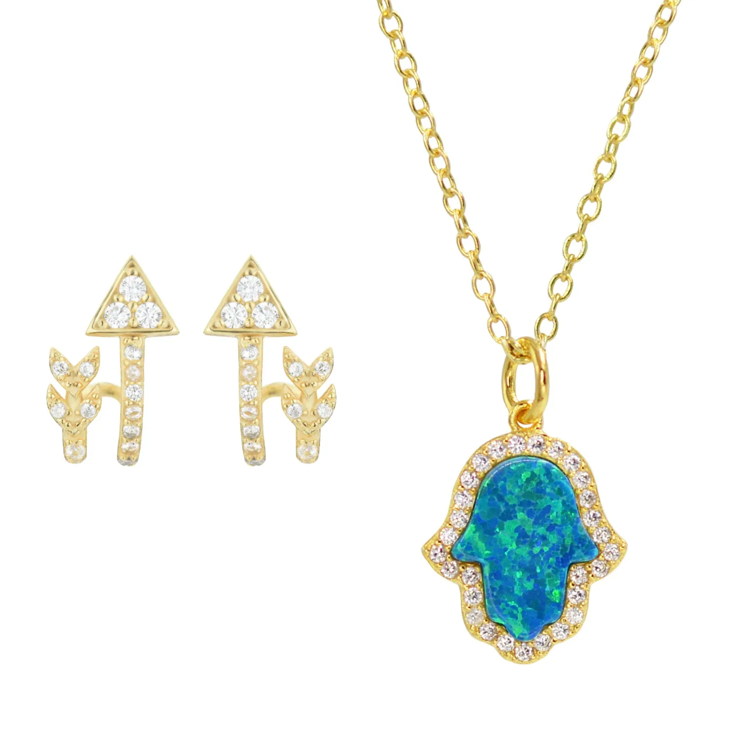 Gift Set | Opal Hamsa Necklace   Arrow Huggie Earrings