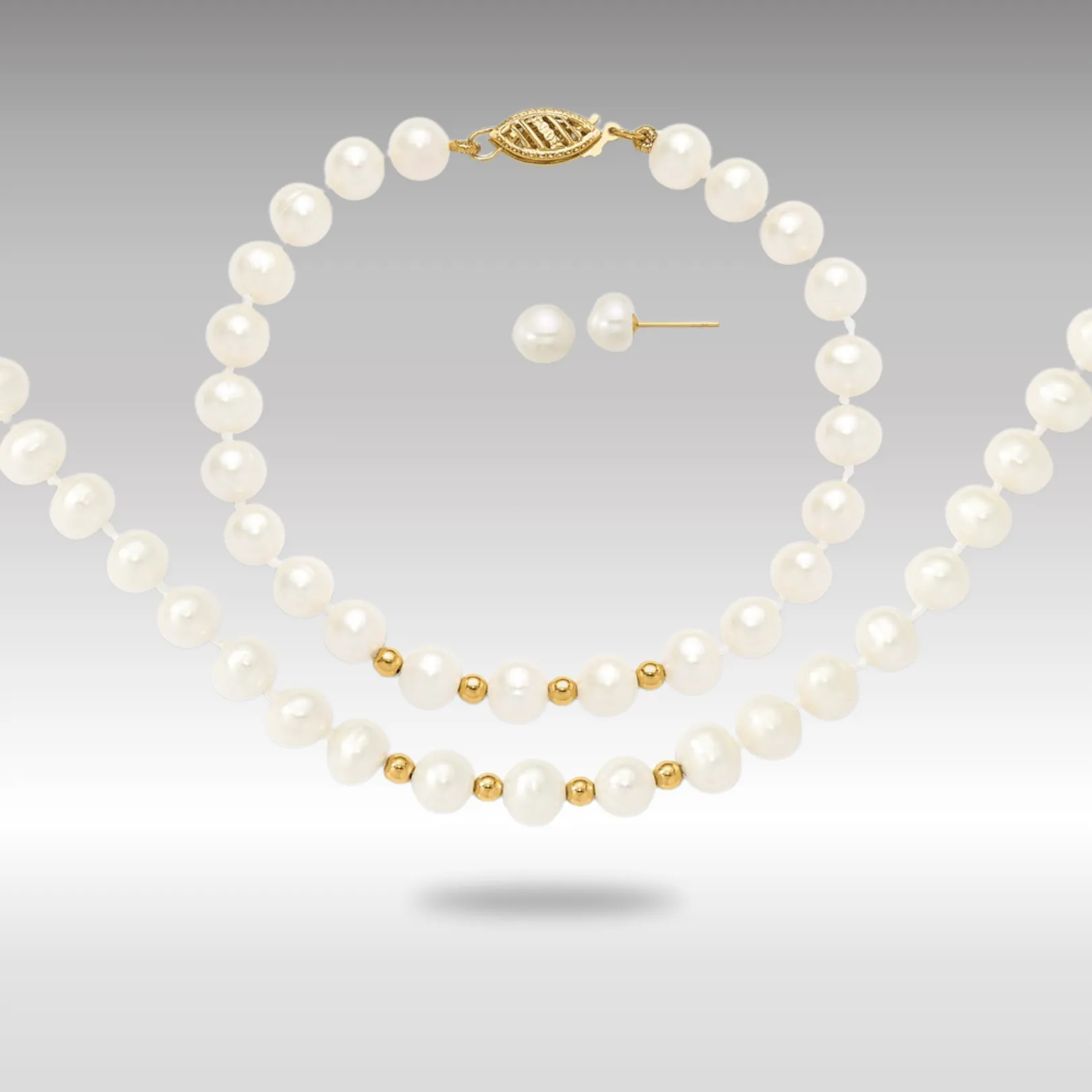 Gold 6-7mm White FW Cultured Pearl 18in. Necklace 7.25 Bracelet Earring Set - Model XF500SET