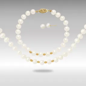 Gold 6-7mm White FW Cultured Pearl 18in. Necklace 7.25 Bracelet Earring Set - Model XF500SET