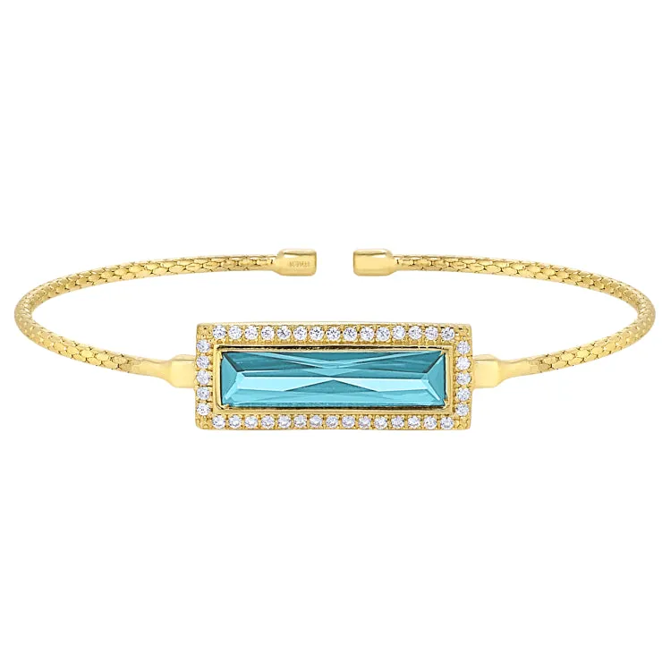 Gold Finish Sterling Silver Cable Cuff Bracelet with Rectangular Simulated Aquamarine Stone and Simulated Diamonds