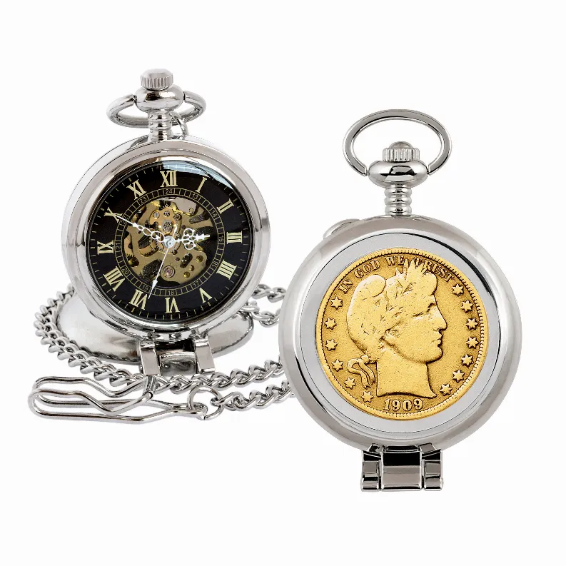 Gold-Layered Silver Barber Half Dollar Coin Pocket Watch with Skeleton