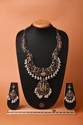 Golden and Black Polish Dual-Tone Metal Marwar Ram Sita Necklace Set with Monalisa and Pearl  Work